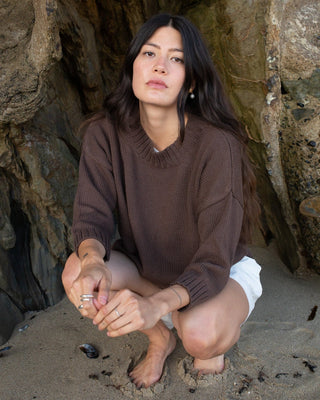 Crop Cotton Knit Sweater in Chocolate