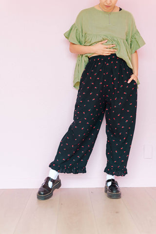 Ruffle Cotton Pants in Black Cherry