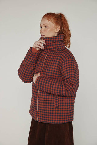 Gingham Puffer Jacket in Brick/Black