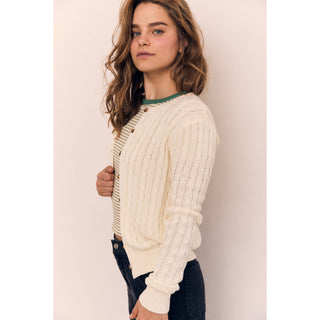 Classic Cable Knit Cotton Cardigan in Ivory