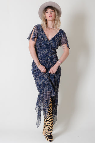 Fluttery Blue Bias Abstract Silk Dress