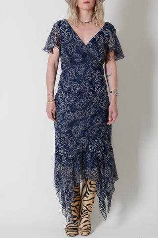 Fluttery Blue Bias Abstract Silk Dress