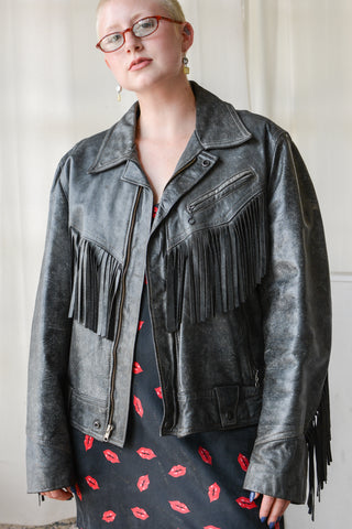 Oleg Cassini Distressed Fringe Moto Jacket