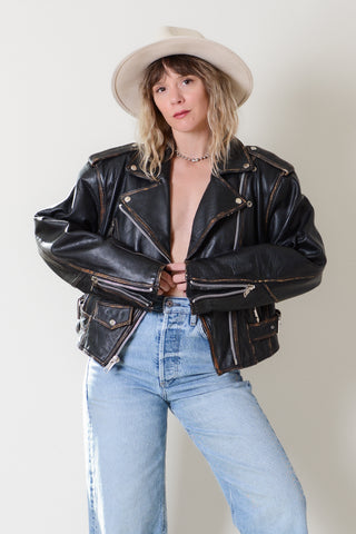 Distressed Leather Crop Moto Jacket