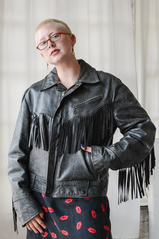 Oleg Cassini Distressed Fringe Moto Jacket