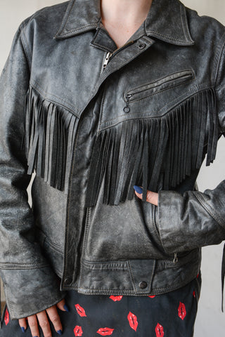 Oleg Cassini Distressed Fringe Moto Jacket