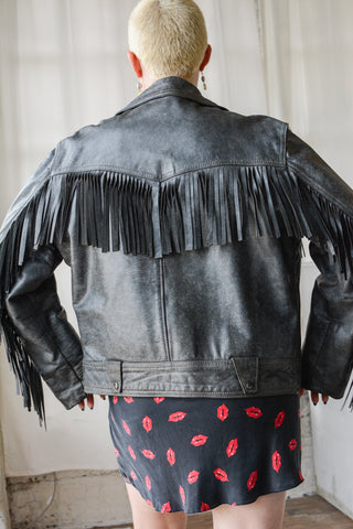 Oleg Cassini Distressed Fringe Moto Jacket