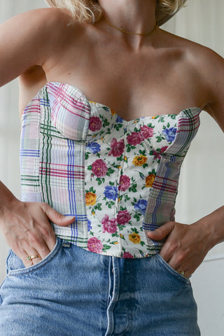 Plaid Floral Silk French Bustier