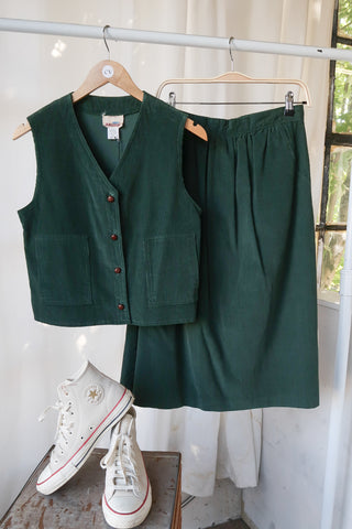 Forest Green Corduroy Vest Skirt Set