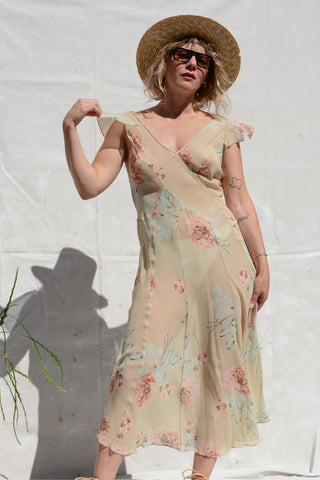 Pastel Floral Chiffon Bias Sheer Dress