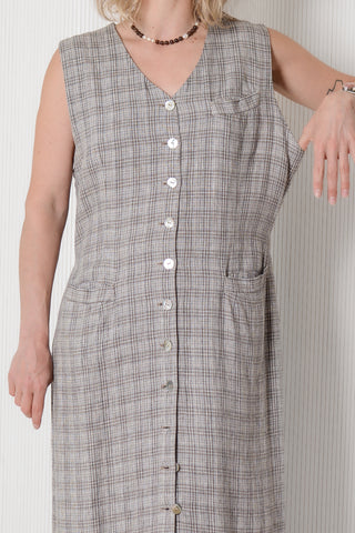 Neutral Plaid Linen Maxi Dress