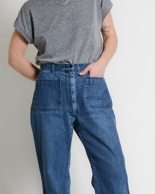 70s Navy Dungaree Wide Leg Jeans ~ 29W