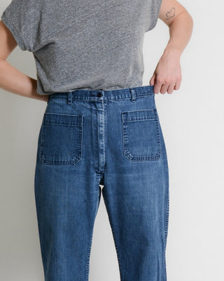 70s Navy Dungaree Wide Leg Jeans ~ 29W