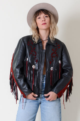 Floral Fringe Conch Biker Crop Jacket
