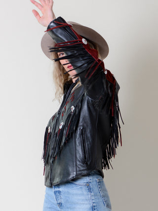 Floral Fringe Conch Biker Crop Jacket