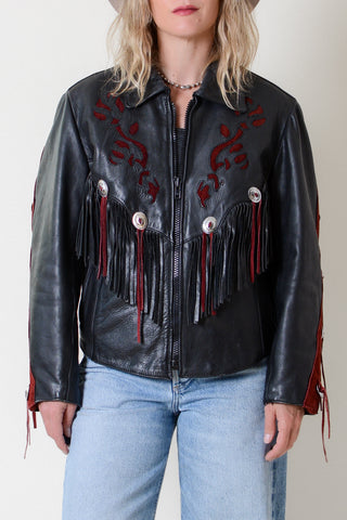 Floral Fringe Conch Biker Crop Jacket