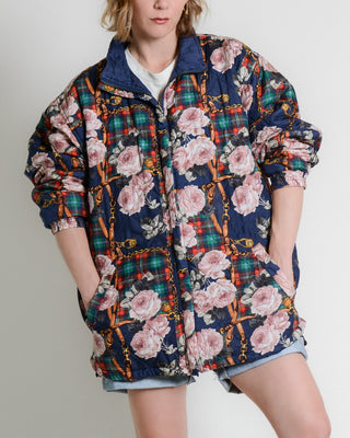 Equestrain Rose Plaid Quilted Silk Bomber