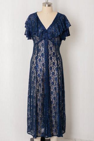 Navy Fluttery Sheer Lace Dress