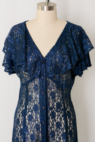 Navy Fluttery Sheer Lace Dress