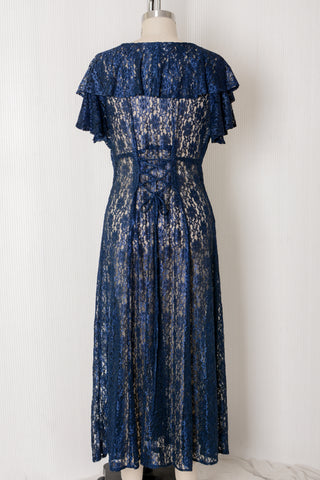 Navy Fluttery Sheer Lace Dress