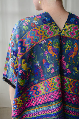 Vibrant Guatemalan Embroidered Peacock Huipil