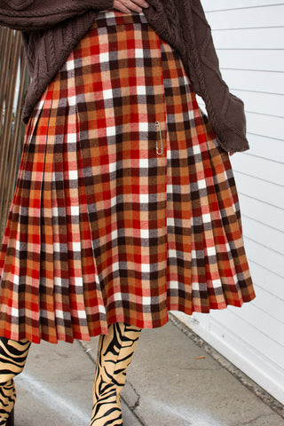 Pumpkin Spice Plaid Pleated Skirt