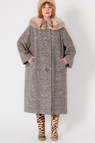 Ash Boucle Swing Coat w Fox Fur Collar