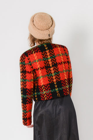 Vibrant Plaid Wool Crop Blazer w Scarf