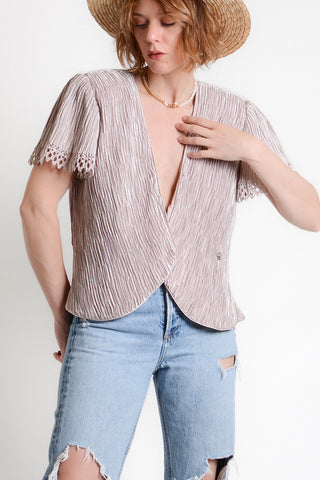 90s Satin Plissé Flutter Sleeve Wrap Top