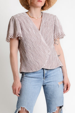 90s Satin Plissé Flutter Sleeve Wrap Top