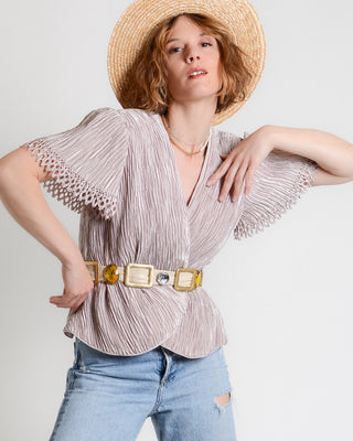 90s Satin Plissé Flutter Sleeve Wrap Top