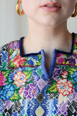 Guatemalan Floral Embroidered Ikat Huipil