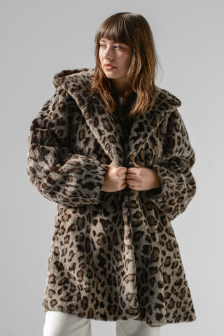 Snow Leopard Faux Hooded Swing Coat