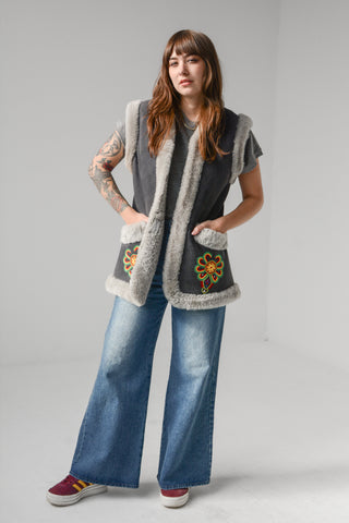 Embroidered Afghan Shearling Suede Vest