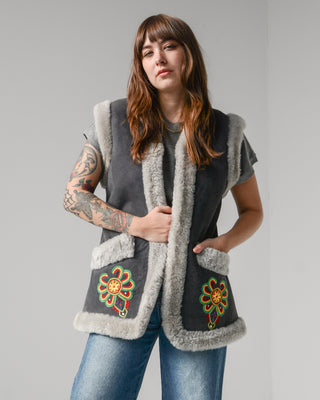 Embroidered Afghan Shearling Suede Vest