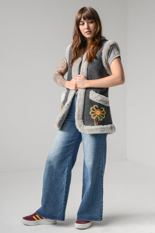 Embroidered Afghan Shearling Suede Vest