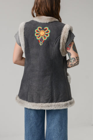 Embroidered Afghan Shearling Suede Vest