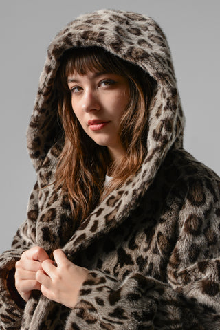 Snow Leopard Faux Hooded Swing Coat