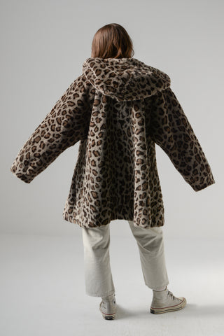 Snow Leopard Faux Hooded Swing Coat