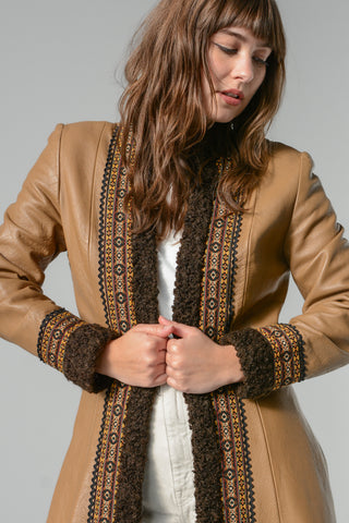 Rare 70s Colorful Trim Tan Leather Coat