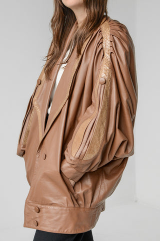 Almond Leather Batwing Pleated Coat