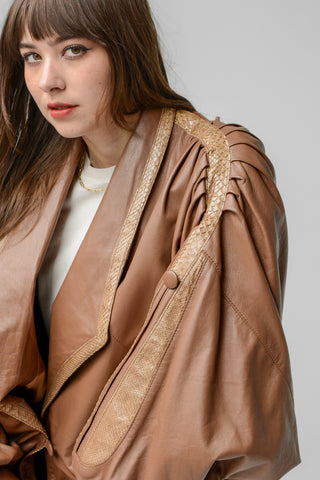 Almond Leather Batwing Pleated Coat