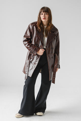 Rich Walnut Leather Trench Coat