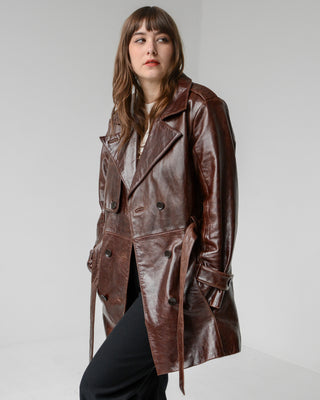 Rich Walnut Leather Trench Coat