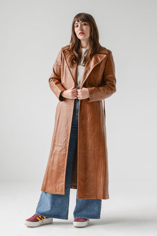 Buttery Caramel Leather Trench Coat