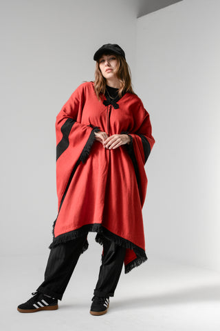 Cherry Wool Trompe L'oile Bow Fringe Poncho