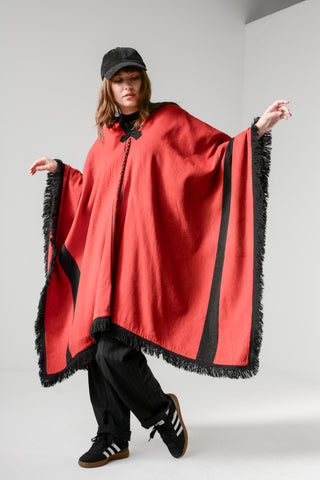 Cherry Wool Trompe L'oile Bow Fringe Poncho