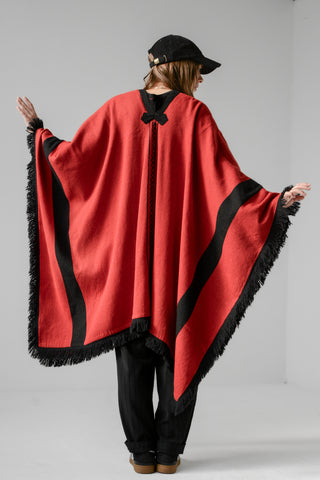 Cherry Wool Trompe L'oile Bow Fringe Poncho