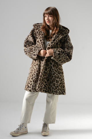 Snow Leopard Faux Hooded Swing Coat