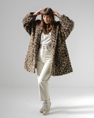 Snow Leopard Faux Hooded Swing Coat
